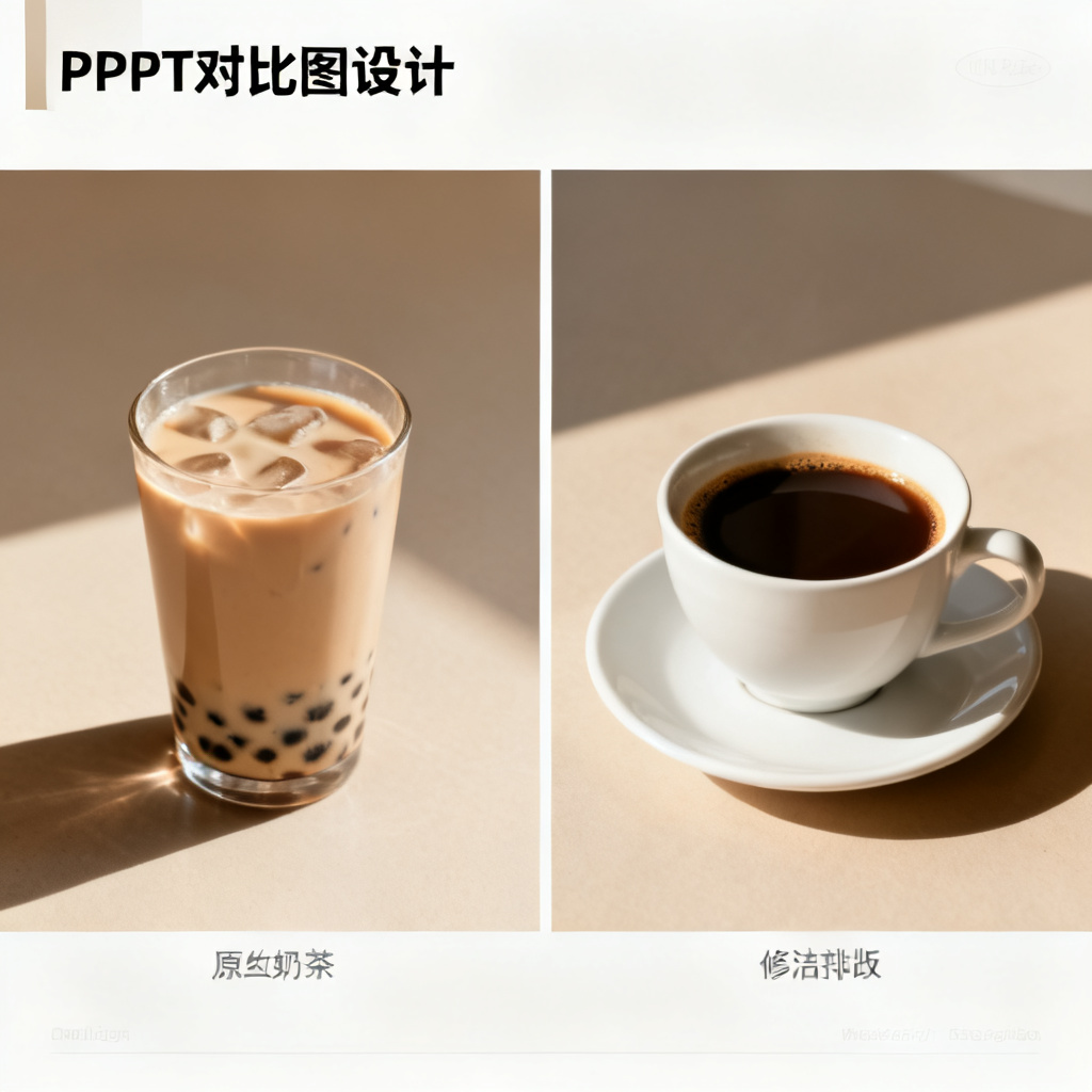 一个PPT页面的对比图,左侧原图中有一杯奶茶,右侧修改后的图中奶茶被替换为一杯咖啡,光影和风格与原图完美融合