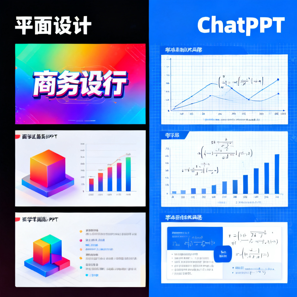 对比图：左侧是花哨的商务风格PPT，右侧是ChatPPT生成的学术风格PPT，包含数据图表和公式，背景有严谨的网格线