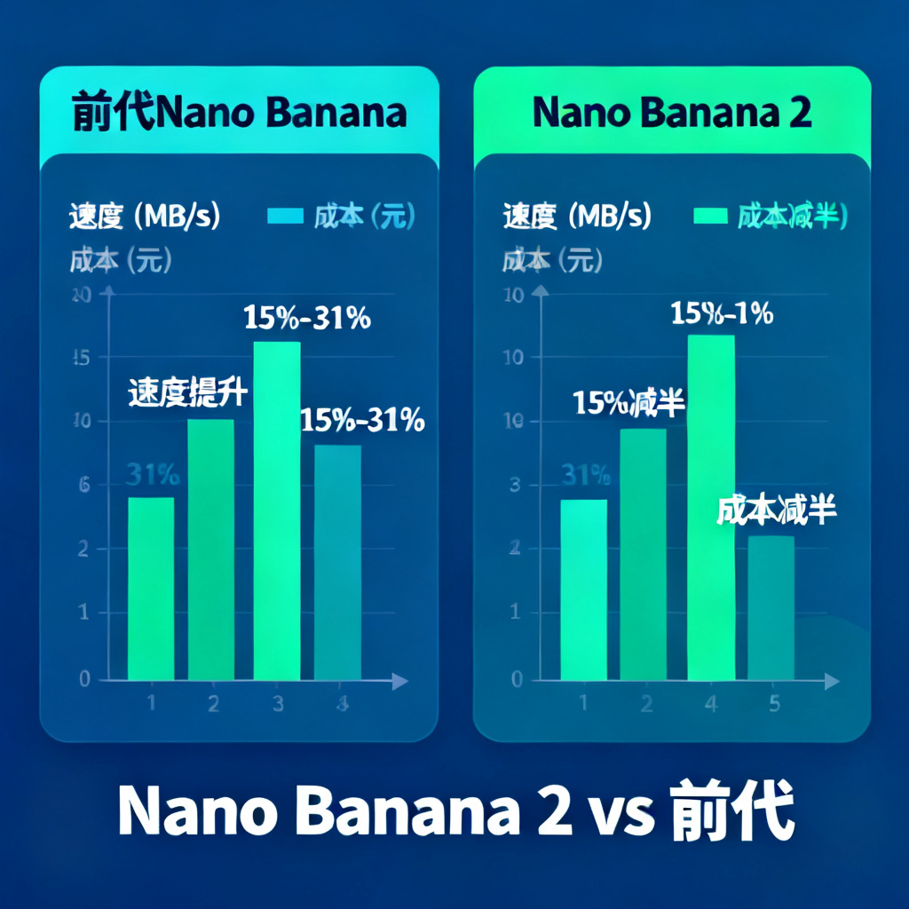 图表对比Nano Banana 2与前代的速度和成本数据,柱状图显示速度提升15%-31%,成本减半