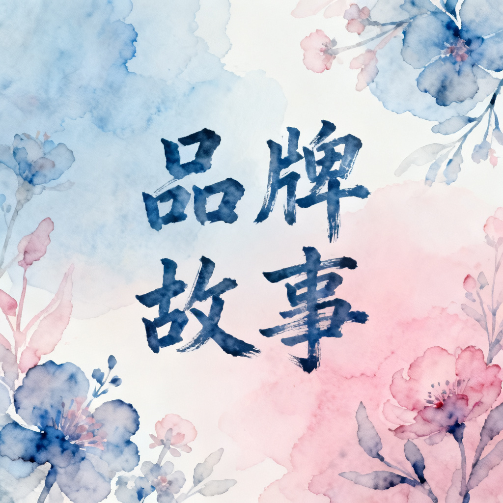 梦幻水彩风格的品牌故事页,柔和渐变,抽象花卉装饰,淡蓝色与粉色配色,手绘字体