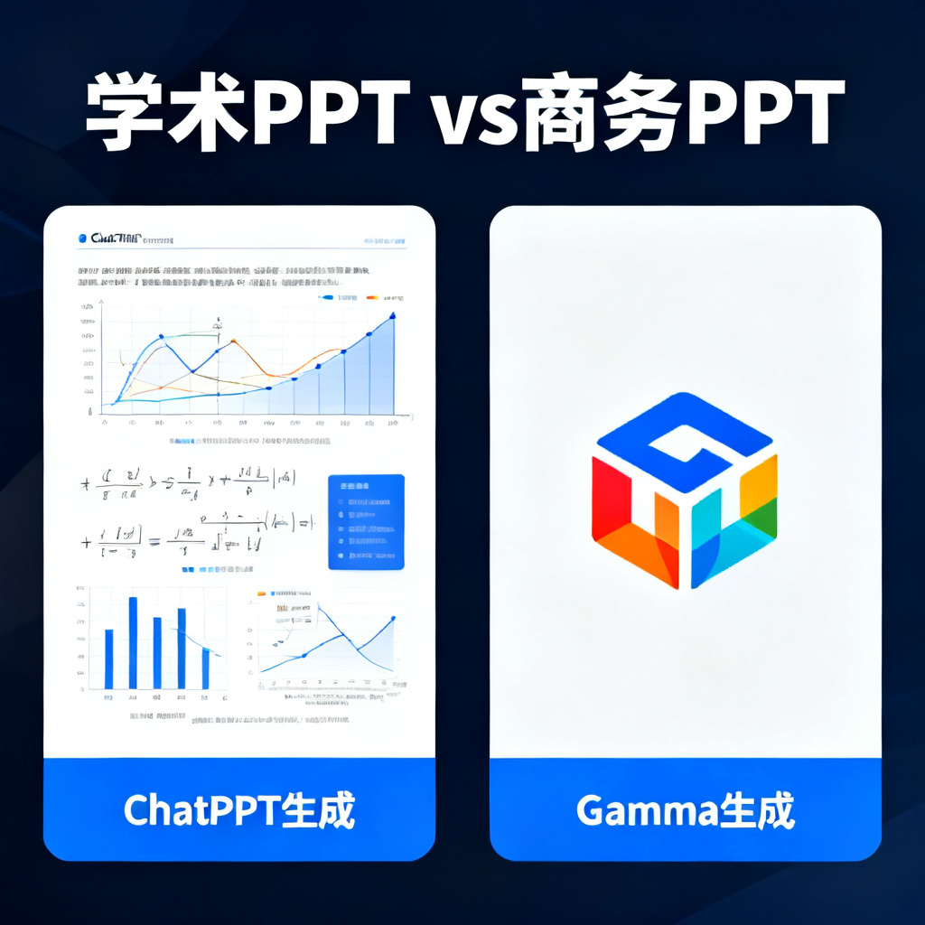 一张对比图，左侧为ChatPPT生成的学术PPT（清晰图表、公式），右侧为Gamma生成的商务风格PPT（花哨图标）