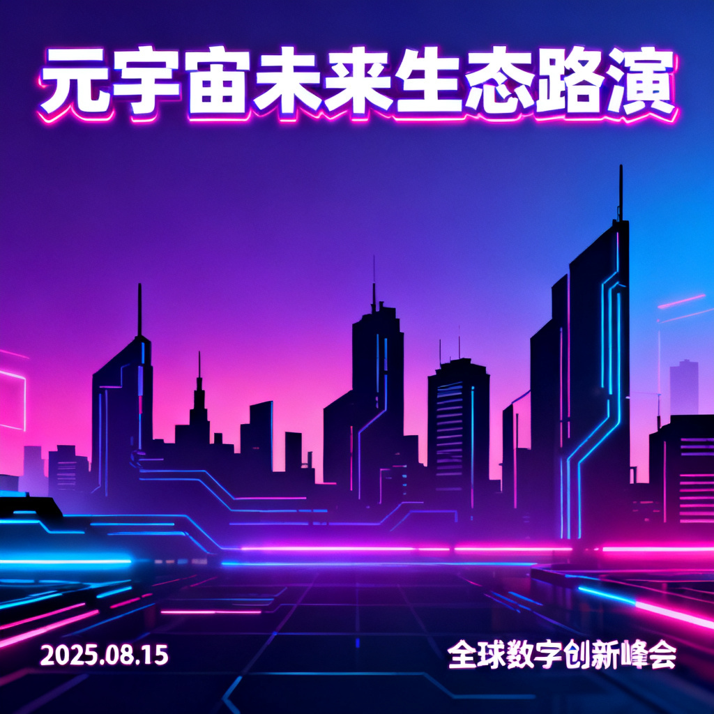 赛博朋克风格的元宇宙路演PPT，霓虹灯光，城市剪影，科技感
