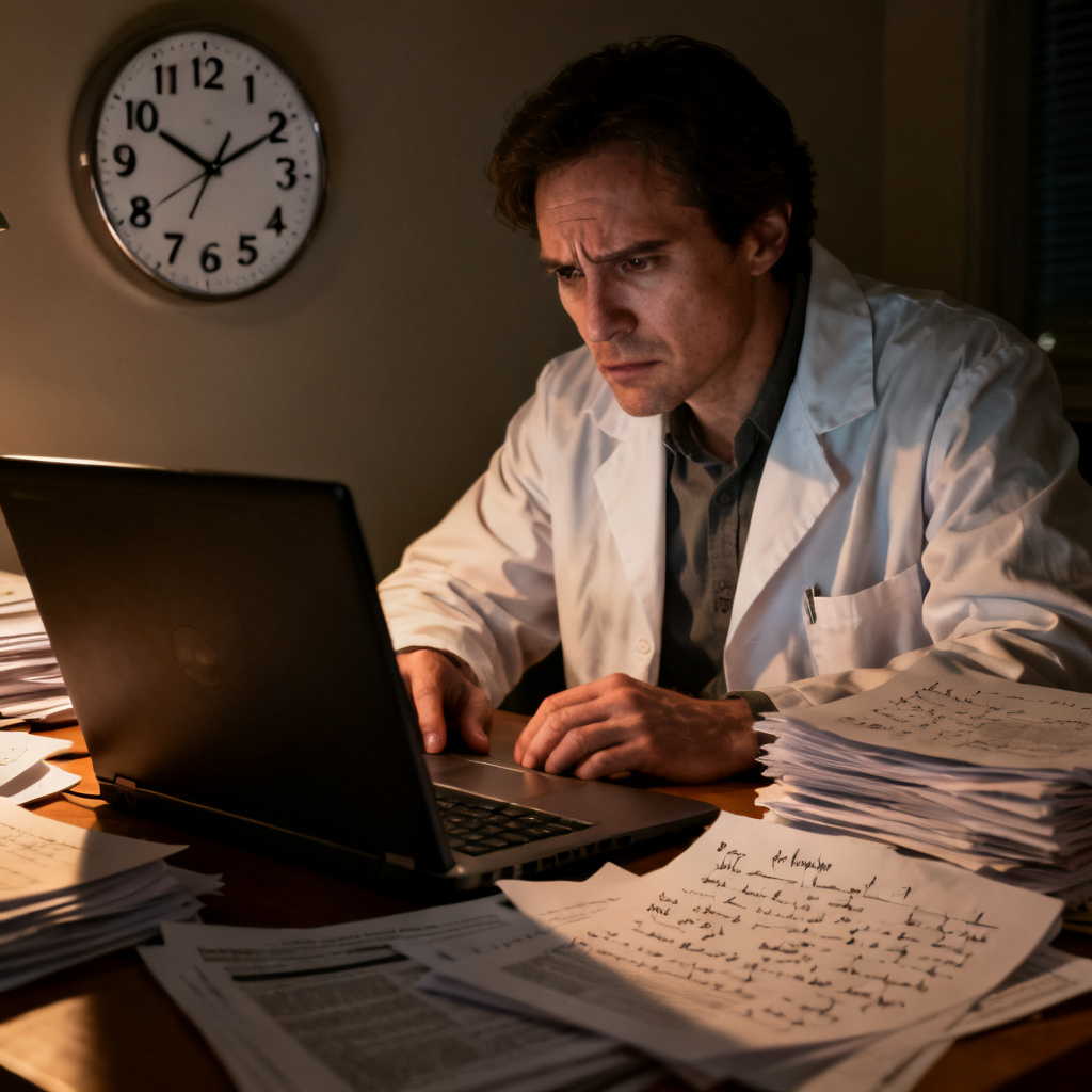 A serious academic in a lab coat staring at a laptop with a frustrated expression, surrounded by stacks of papers and a clock showing late night