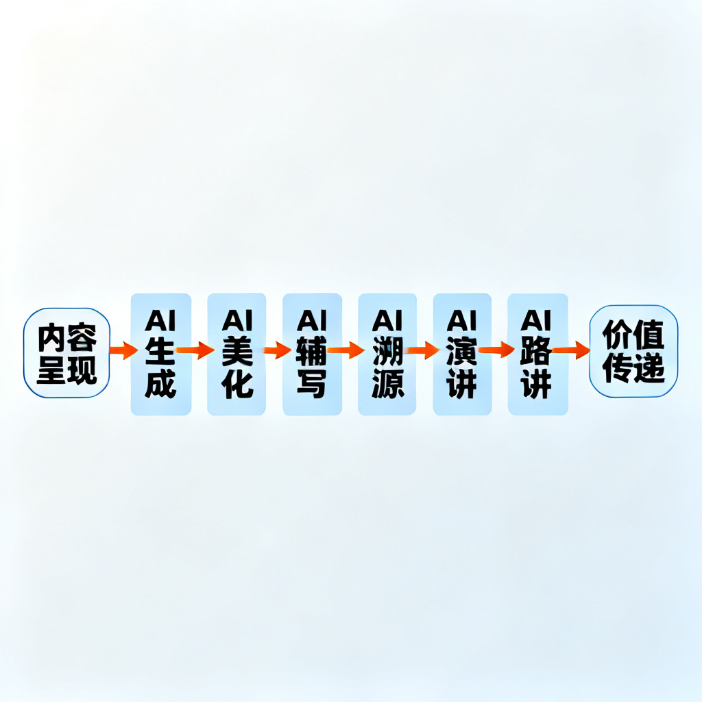 一张信息图，展示ChatPPT的8大核心模块，包括AI生成、AI美化、AI辅写、AI溯源、AI演讲、AI路演，并用箭头展示从“内容呈现”到“价值传递”的跨越