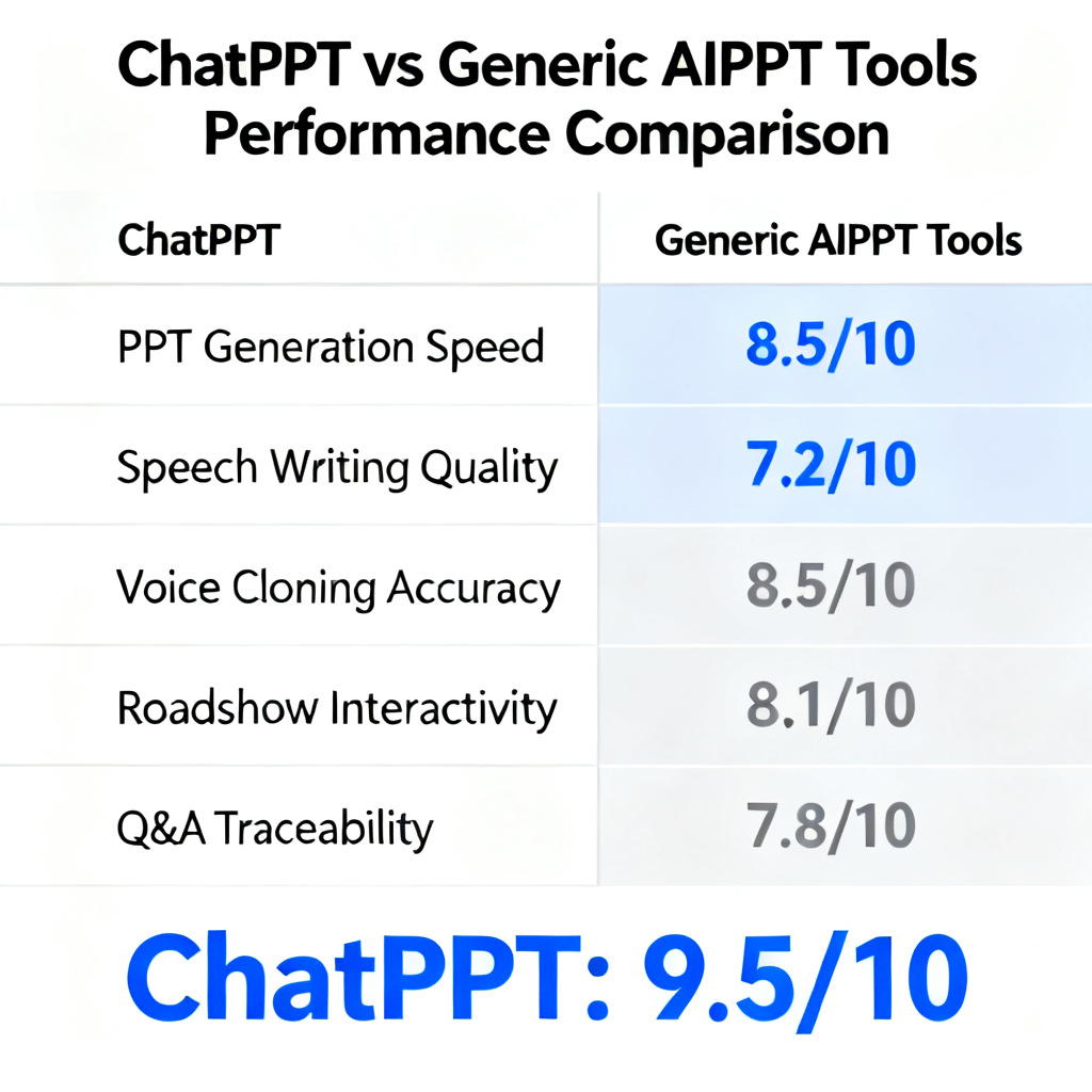 A dashboard showing a comparison chart: ChatPPT vs generic AIPPT tools across five metrics: PPT generation speed, speech writing quality, voice cloning accuracy, roadshow interactivity, and Q&A traceability. ChatPPT scores highest in all categories, with a 9.5/10 overall rating.