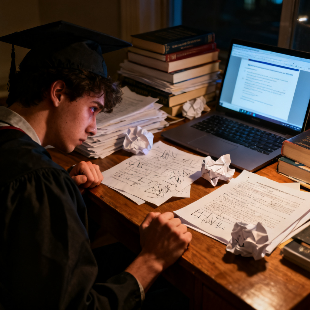 A stressed graduate student sitting at a desk in a dimly lit room late at night, surrounded by piles of academic papers, books, and a laptop displaying a half-finished presentation. The student looks exhausted and anxious.
