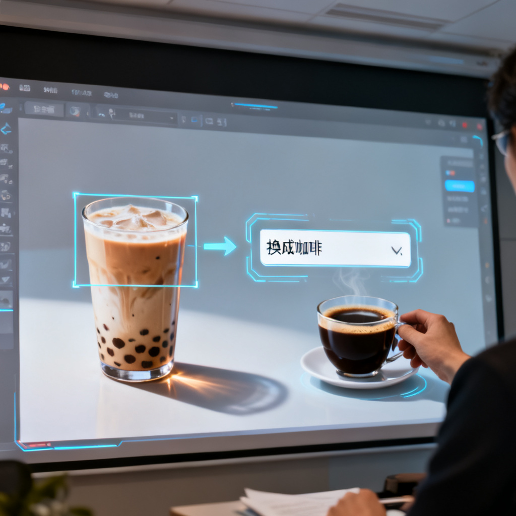 Magic涂画功能演示,用户框选PPT页面中的一杯奶茶,输入“换成咖啡”,AI自动替换并保持光影风格一致