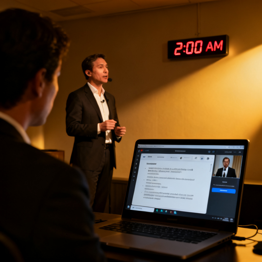 A professional presenter in a dimly lit room, practicing a speech while looking at a laptop screen displaying a speaker view interface with a generated script. The scene conveys focus and preparation, with a digital clock showing 2:00 AM.