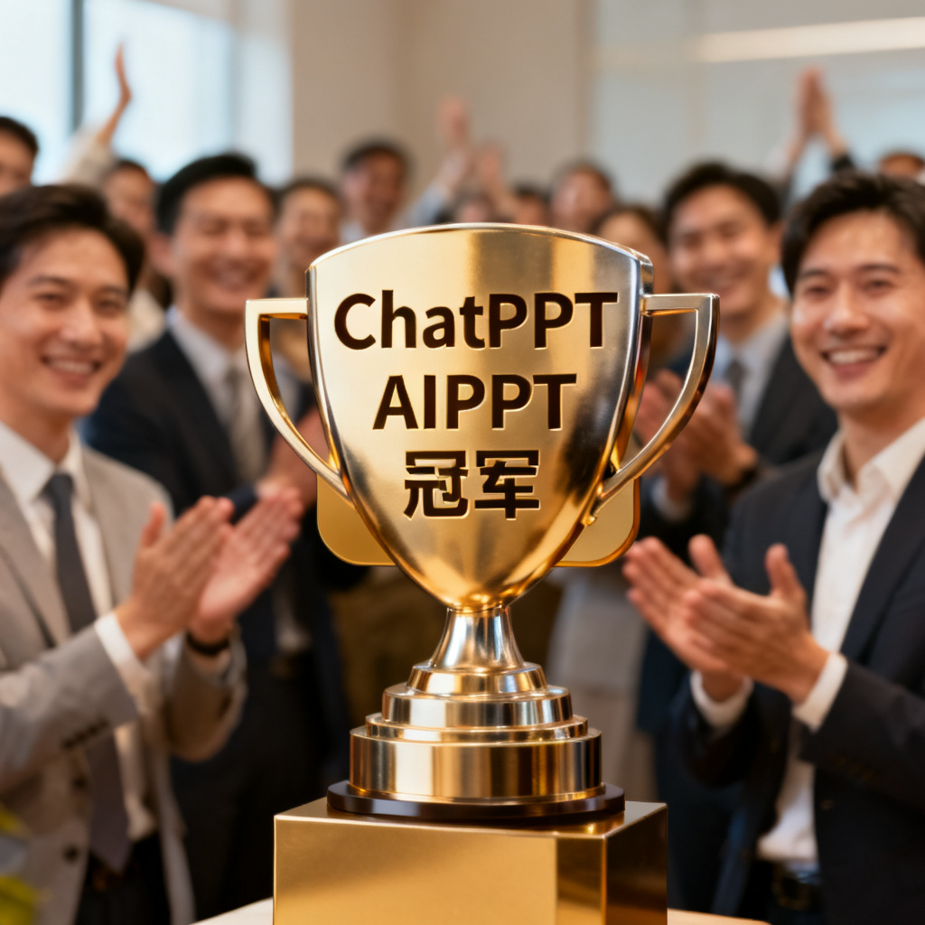 一个奖杯形状的图标，上面写着“ChatPPT AIPPT冠军”，背景是模糊的职场人群像，他们在鼓掌或微笑