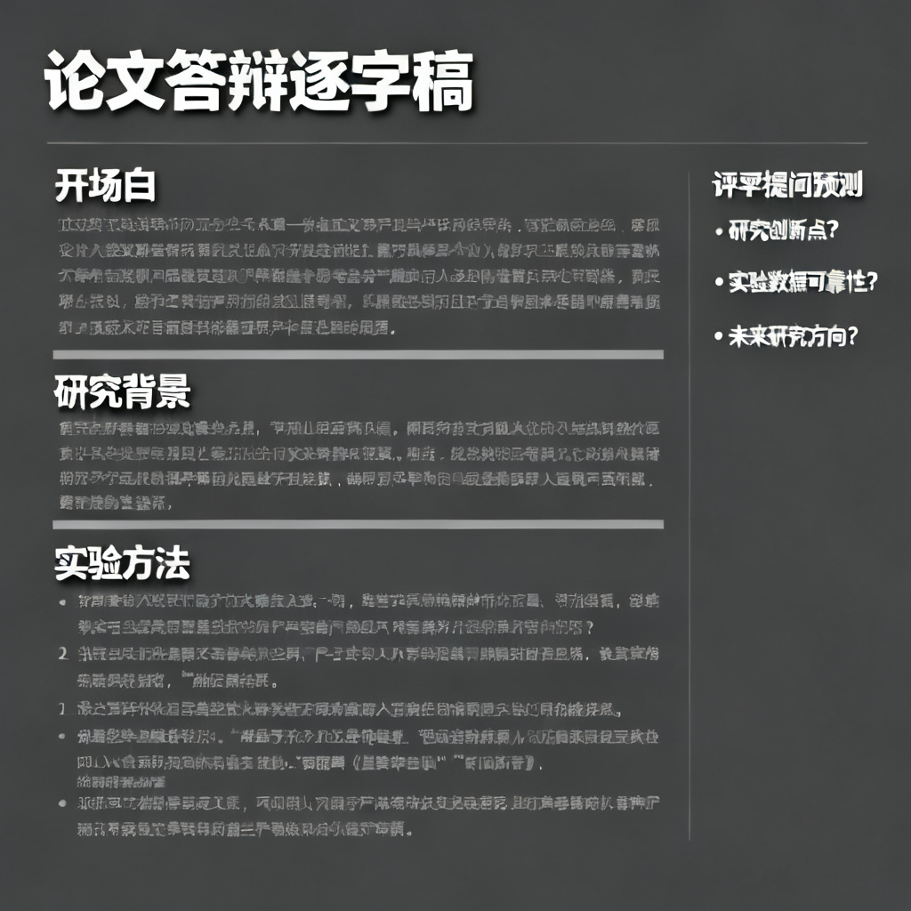 一个文档截图，显示论文答辩逐字稿，包含“开场白”、“研究背景”、“实验方法”等章节，旁边有评委提问预测列表，风格正式学术