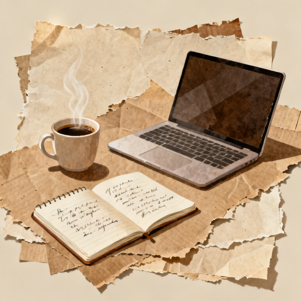 A collage-style illustration made from torn pieces of kraft paper, featuring a cup of coffee, a laptop, and a notebook, warm beige and brown tones, textured edges, suitable for a creative agency presentation