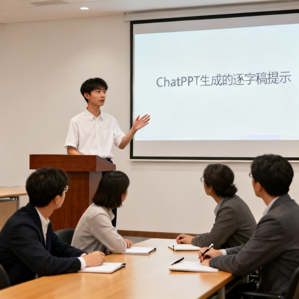 一位学生自信地在答辩台上演讲，身后PPT显示ChatPPT生成的逐字稿提示，评委们专注聆听