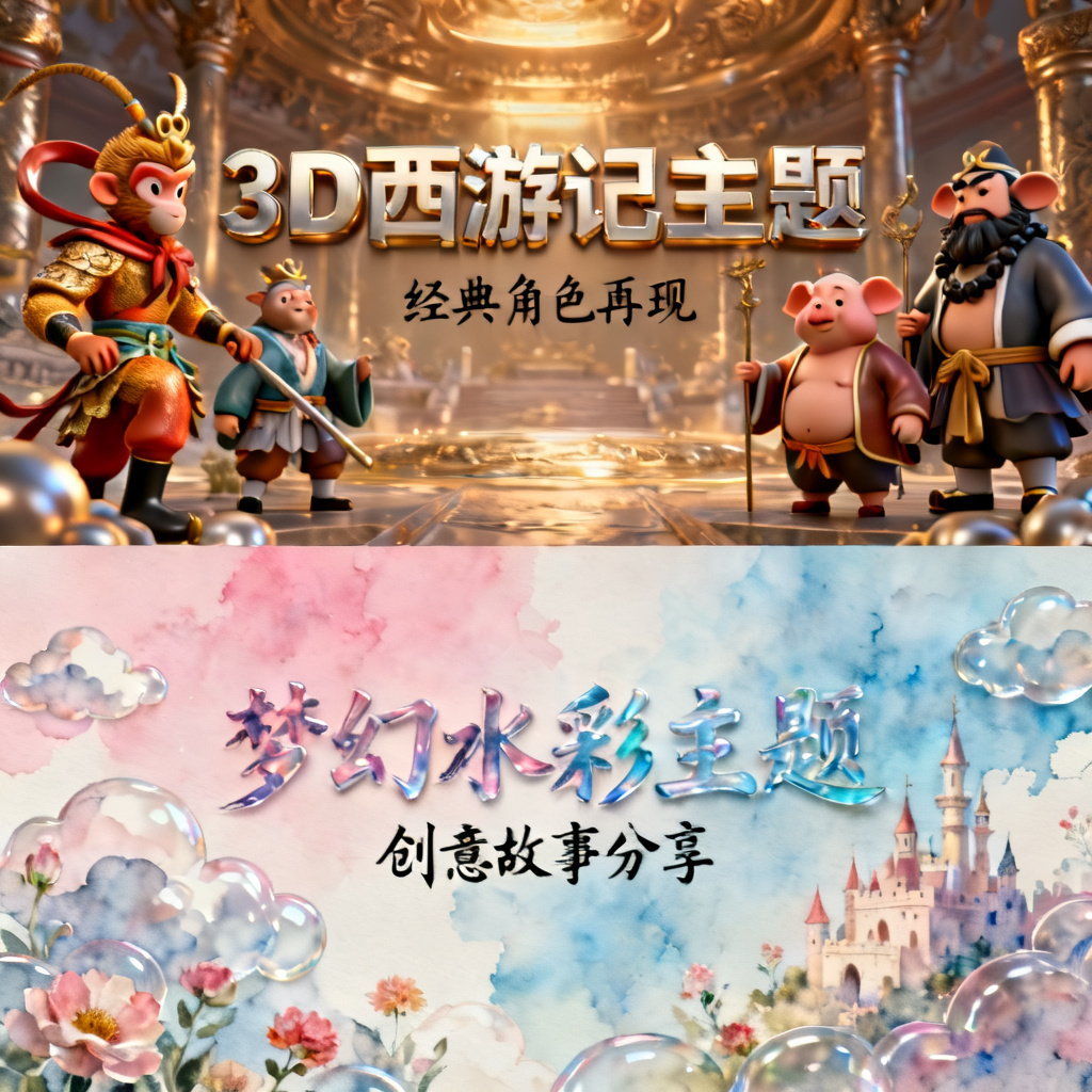 批量生成的不同风格的PPT页面，包括3D西游记风和梦幻水彩风