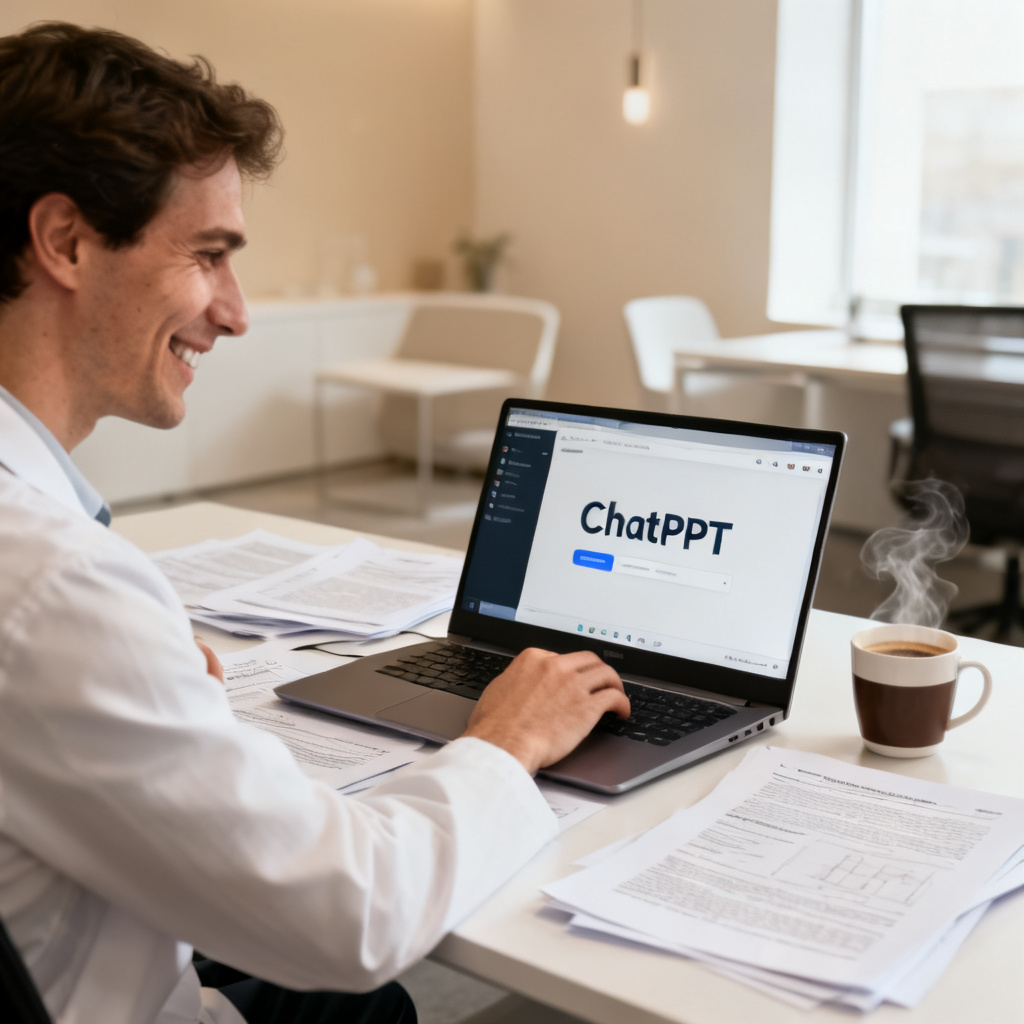 A professional researcher smiling while using a laptop with the ChatPPT interface open, surrounded by printed academic papers and a coffee cup, in a well-lit modern office, conveying a sense of relief and efficiency