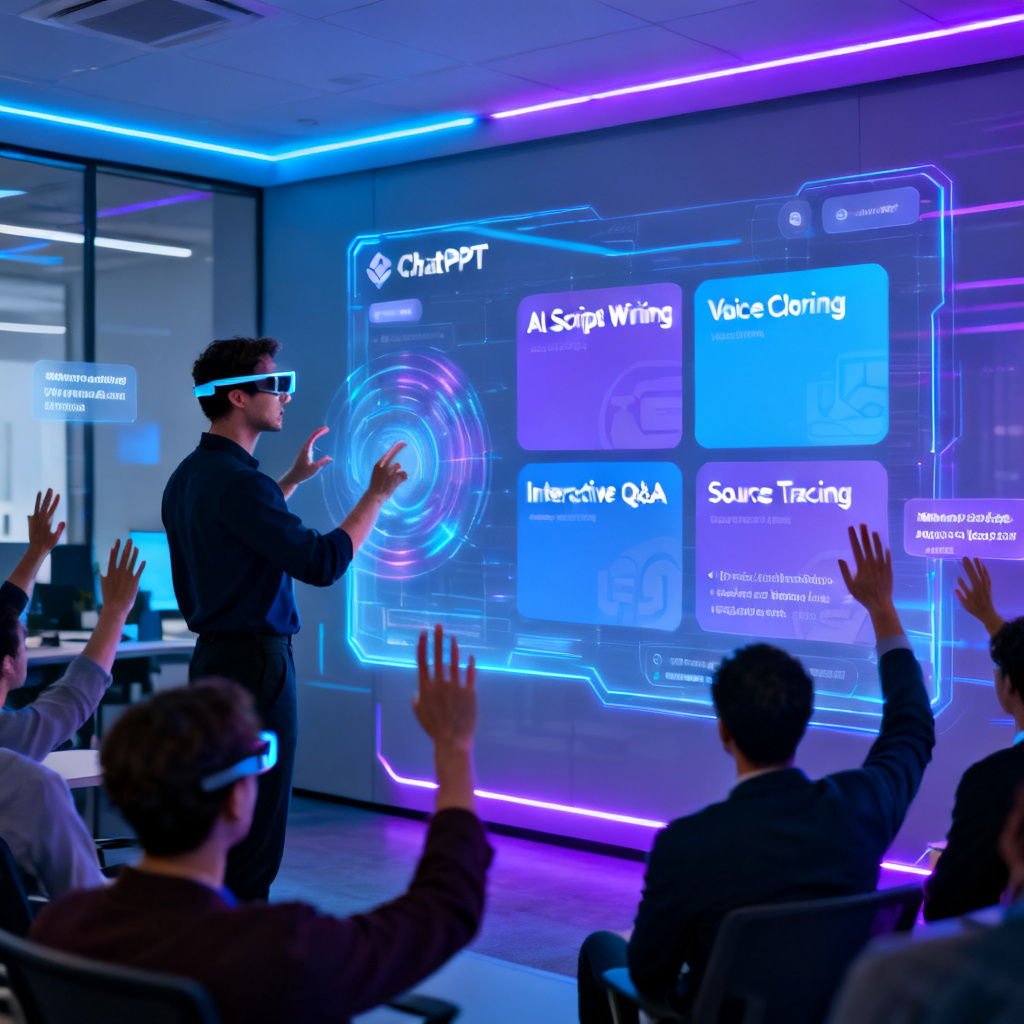 A futuristic office scene where a presenter uses a smart glass to control a large holographic display showing ChatPPT's interface. The screen displays multiple modules: "AI Script Writing", "Voice Cloning", "Interactive Q&A", "Source Tracing". The audience is raising hands to ask questions, and answers appear on screen with page references.