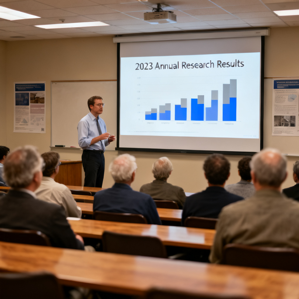 A researcher standing in front of a projection screen, confidently presenting a PPT slide with a clear data chart. The audience (professors and peers) looks attentive and nodding. The overall atmosphere is positive and professional.