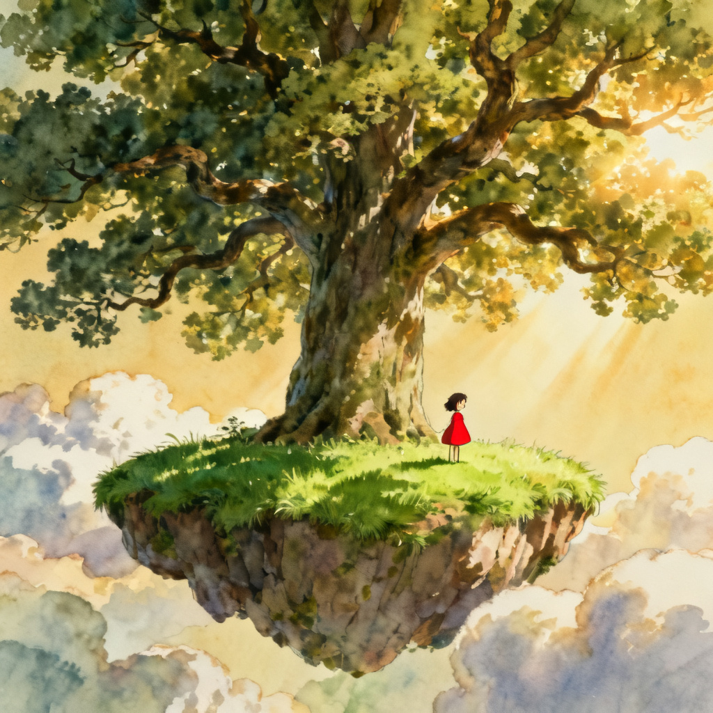 A whimsical scene inspired by Hayao Miyazaki's animation style, featuring a floating island with lush green grass, a giant oak tree, and a small girl in a red dress, soft watercolor textures, gentle sunlight filtering through clouds