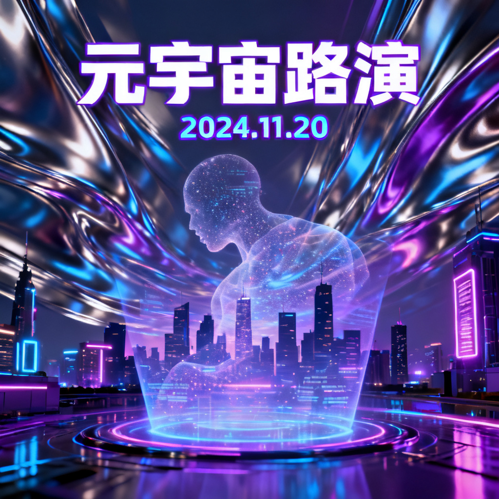 赛博朋克风格元宇宙路演PPT封面,霓虹灯光与城市剪影,金属质感与全息投影元素