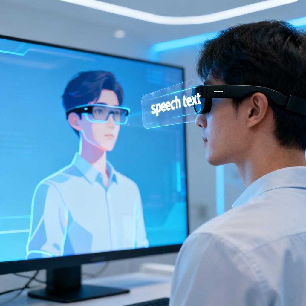 A person wearing smart glasses with a transparent display showing speech text, while a digital avatar of the same person appears on a large screen behind them