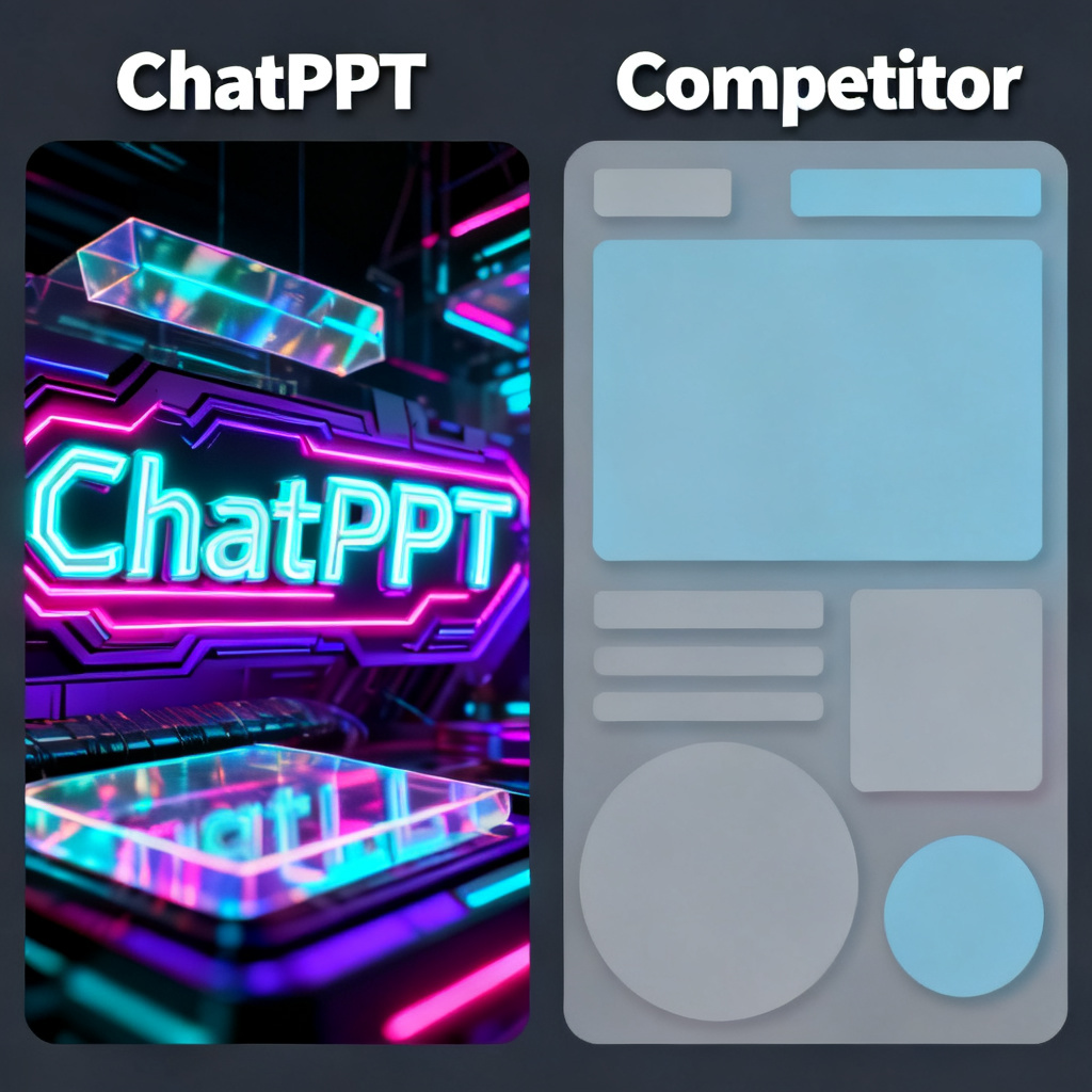 A side-by-side comparison of a cyberpunk-themed PPT slide generated by ChatPPT (vibrant, detailed, with neon glows and futuristic typography) vs. a slide from a competitor (muted, generic, with basic shapes).