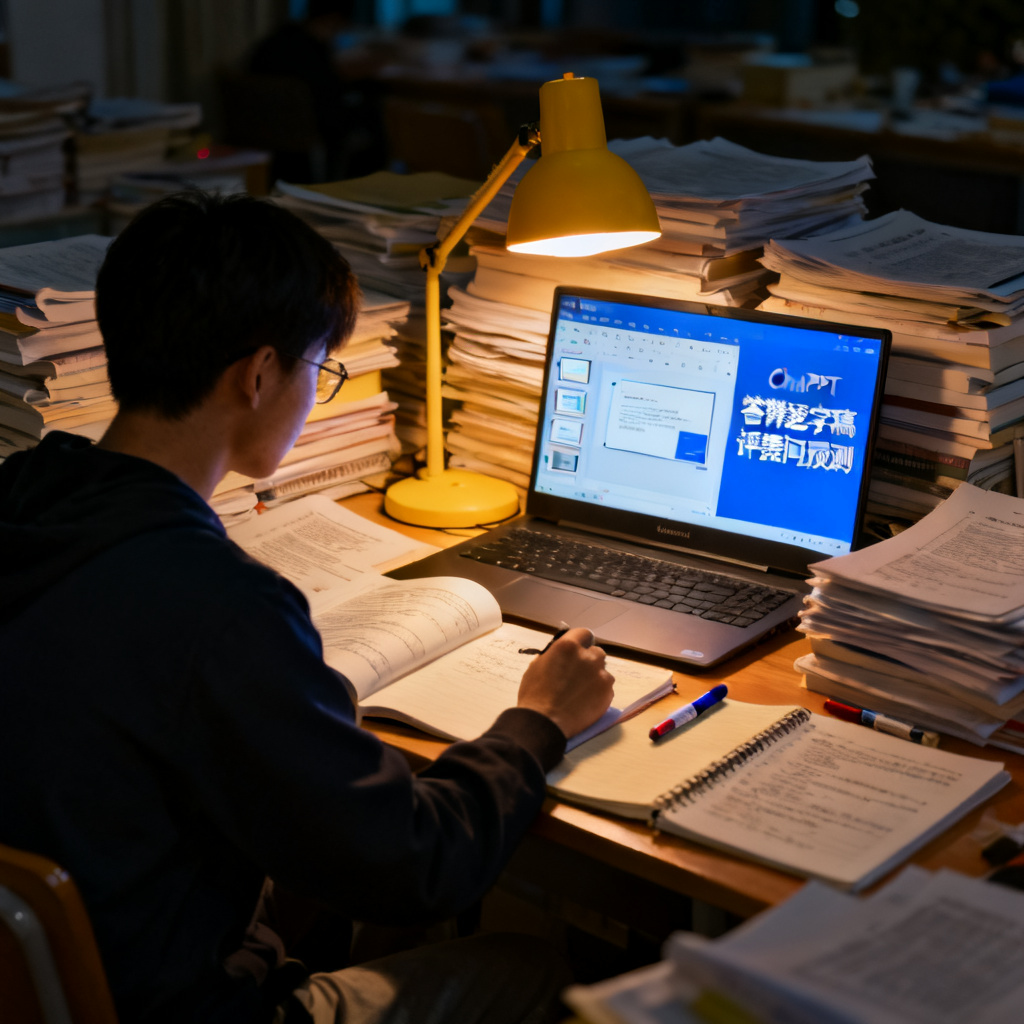 一位研究生在深夜使用ChatPPT，屏幕左侧显示PPT预览，右侧显示“答辩逐字稿”和“评委提问预测”，背景是堆满文献的书桌