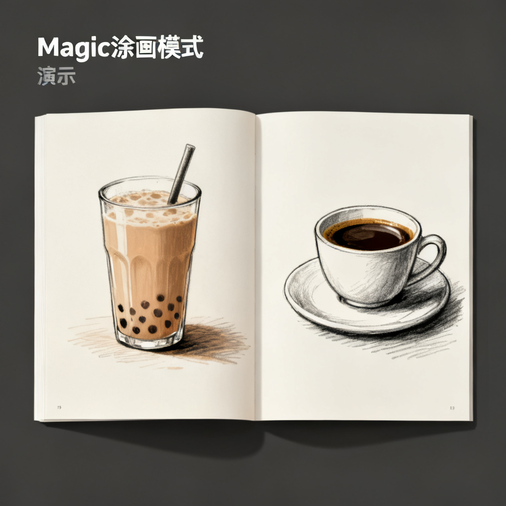 Magic涂画模式演示,左侧为原始页面(包含一杯奶茶),右侧为替换后的页面(奶茶替换为咖啡),光影与风格一致