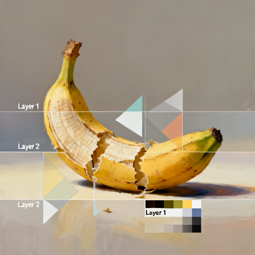A digital painting of a banana transforming into editable layers, with text and graphics separating, surreal, photorealistic