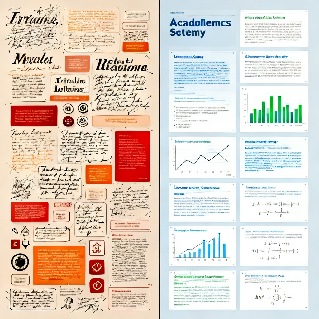 A split-screen comparison: left side shows messy text slides with mismatched fonts and overlapping elements, right side shows clean, structured academic slides with charts and formulas