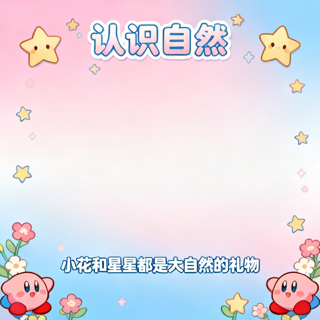 星之卡比风格的儿童教育PPT内页,粉蓝渐变背景,圆体字,星星与花朵装饰元素,可爱风格