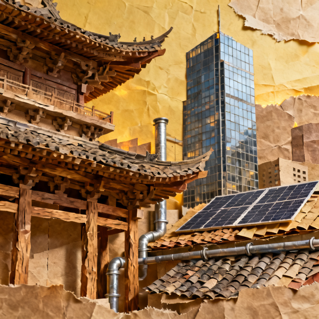牛皮纸贴画风格，古代建筑与现代科技元素拼接，暖色调，手工质感，纹理清晰