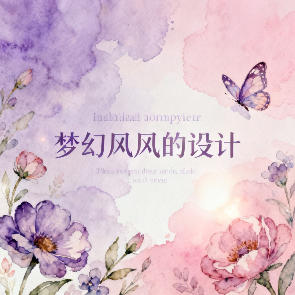 梦幻水彩风PPT,淡紫色与粉色渐变背景,手绘风格的花朵与蝴蝶元素,柔光字体排版