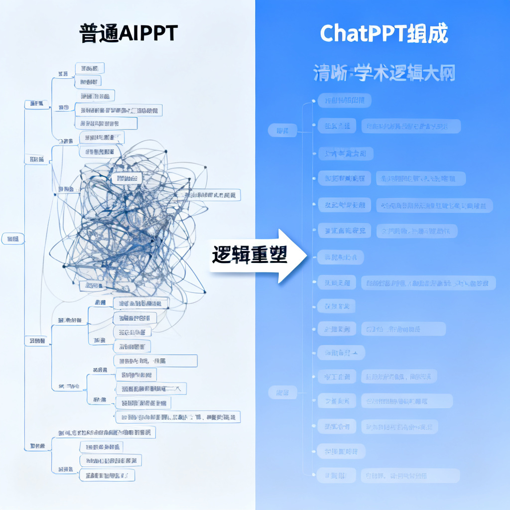 两幅对比图:左侧是普通AI工具生成的逻辑混乱的PPT大纲,右侧是ChatPPT生成的清晰学术逻辑大纲,箭头指向右侧,标注“逻辑重塑”,信息图表风格
