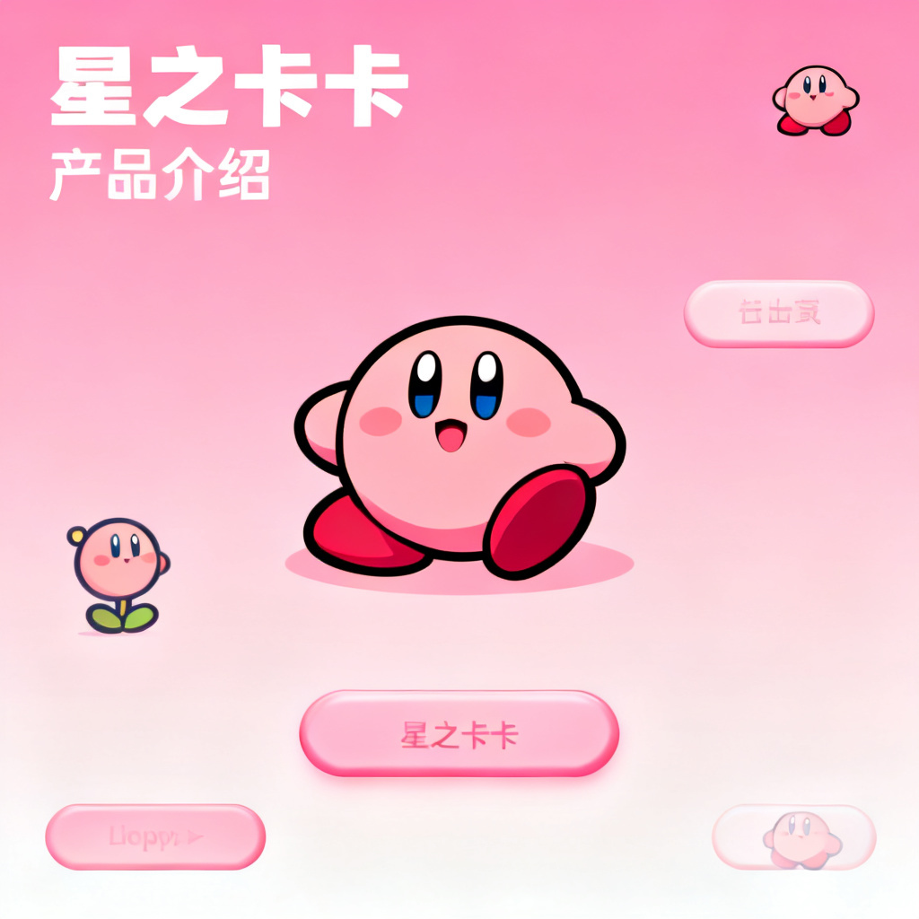 星之卡比风格的产品介绍页,粉色渐变背景,可爱卡通元素,圆角按钮