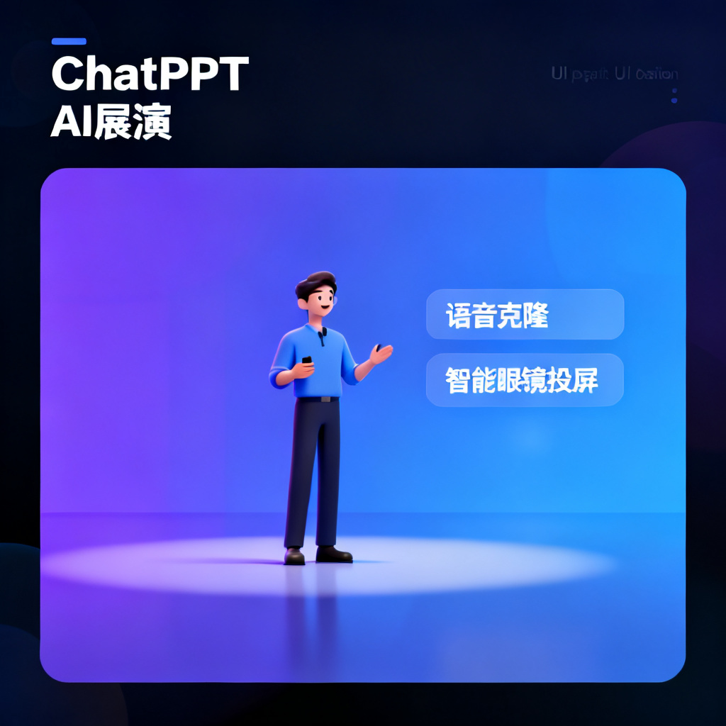 ChatPPT的AI路演界面,一个数字人正在演讲,旁边显示语音克隆和智能眼镜投屏选项