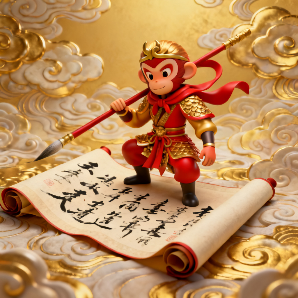 3D西游记风格，角色采用三维建模，祥云纹理背景，金色与红色为主色调，字体带有书法笔触，页面布局带有中国古典画卷的展开感。