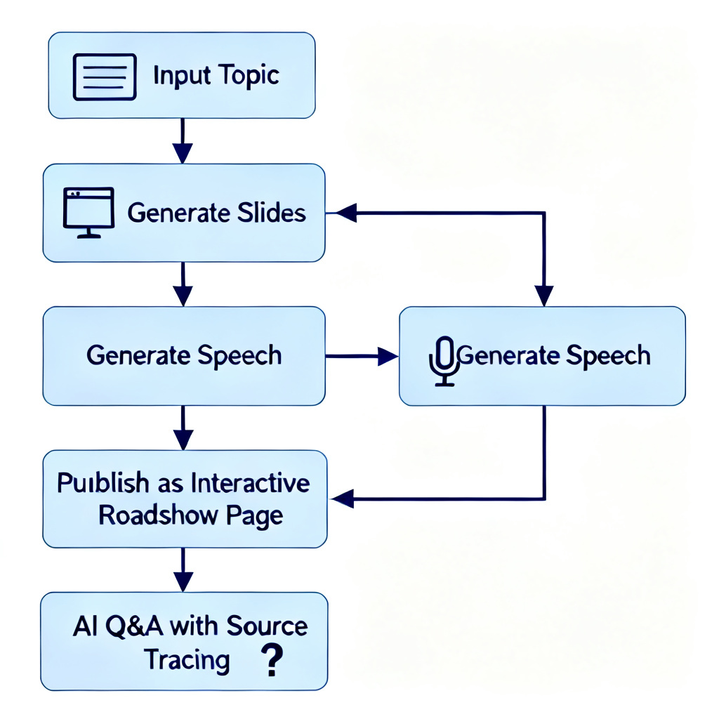 A flowchart showing ChatPPT's AI workflow: input topic -> generate slides -> generate speech -> publish as interactive roadshow page -> AI Q&A with source tracing, minimalist tech style