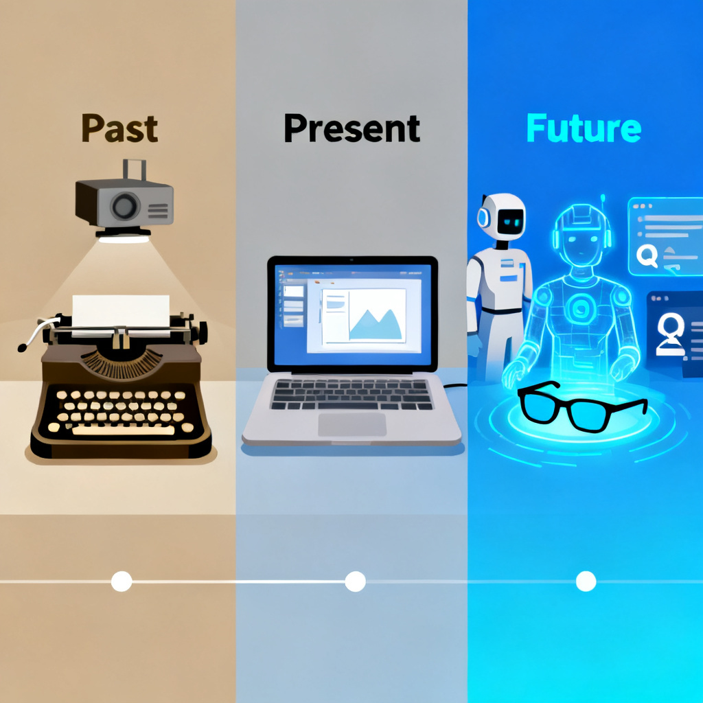 A montage showing the evolution of presentation tools: from a typewriter and overhead projector in the past, to a laptop with basic slide software, to a futuristic holographic AI assistant delivering a roadshow with smart glasses and real-time Q&A interface.