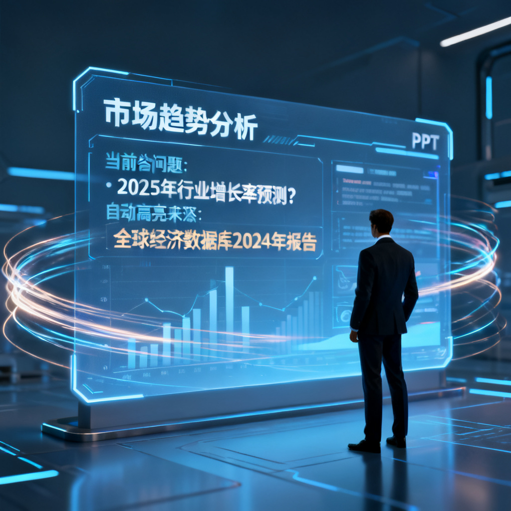 一个投资人模样的角色对着全息屏幕提问，屏幕上显示PPT内容并自动高亮答案来源，数据流动线条环绕，未来主义风格