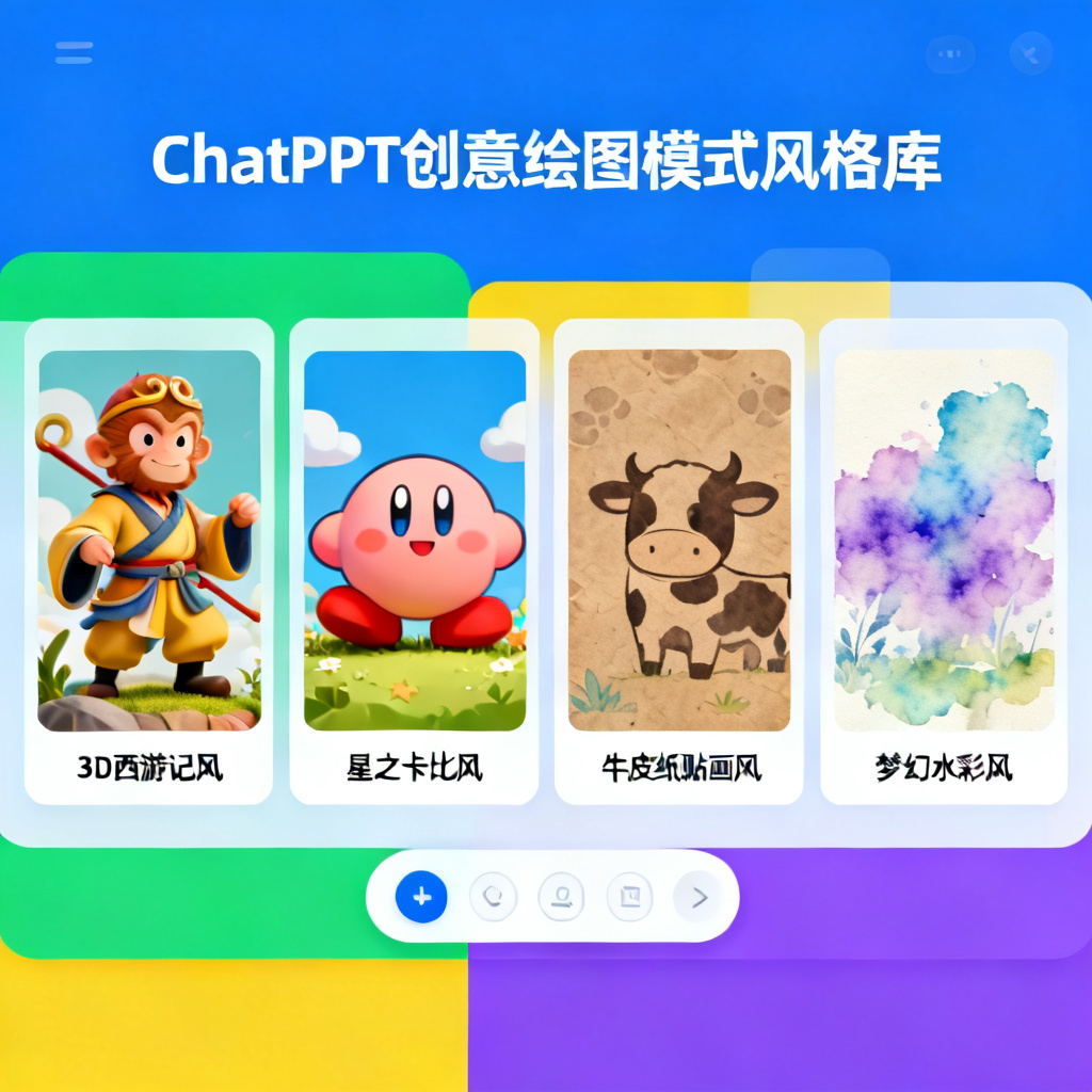 一张展示ChatPPT创意绘图模式风格库的界面截图，包含3D西游记风、星之卡比风、牛皮纸贴画风、梦幻水彩风等多种艺术风格预览，界面设计现代简洁，色彩丰富