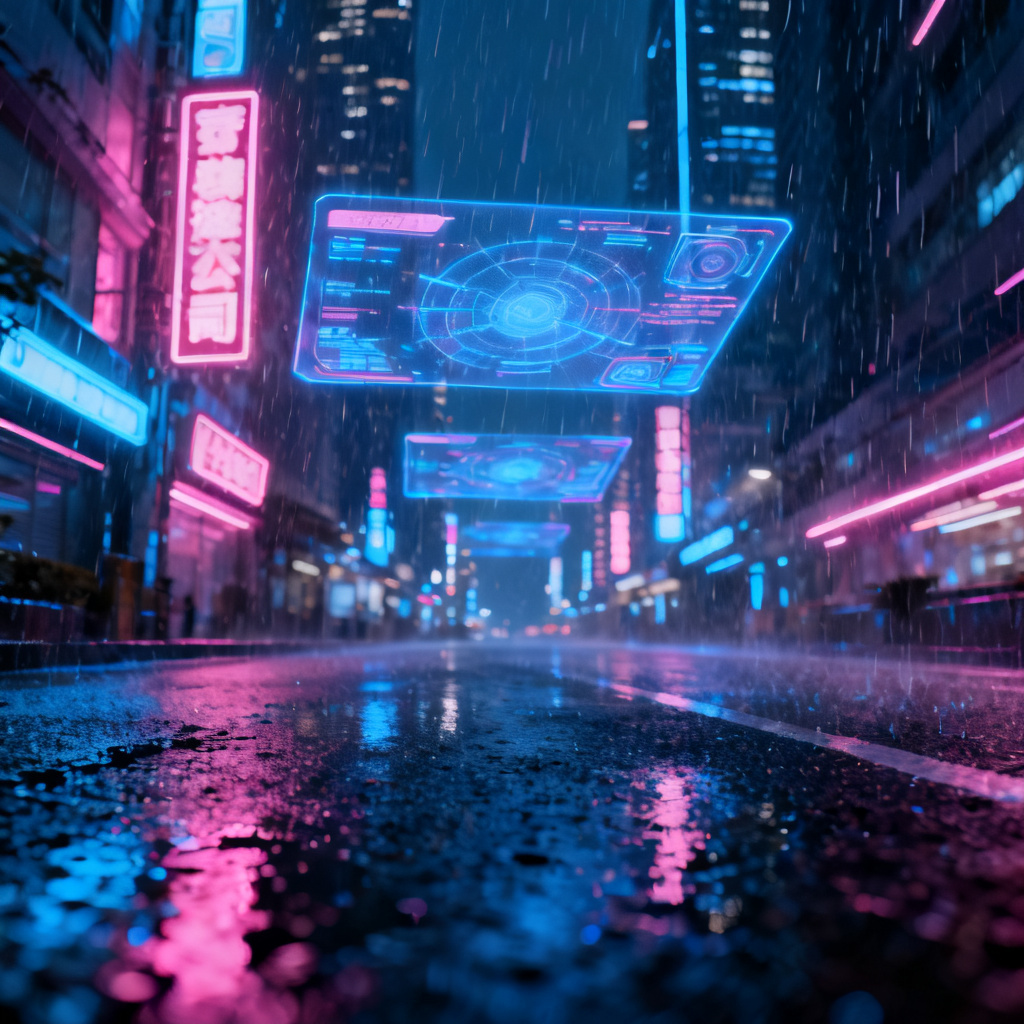 赛博朋克风格的未来城市夜景，霓虹灯招牌，全息投影，雨夜街道，高对比度蓝色与粉色色调