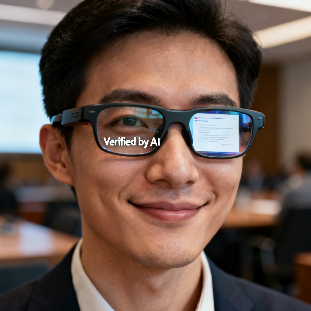A close-up of a person wearing smart glasses, the lens reflecting a presentation slide with a "Verified by AI" watermark, subtle smile, professional attire, soft natural lighting, blurred background of a conference room.