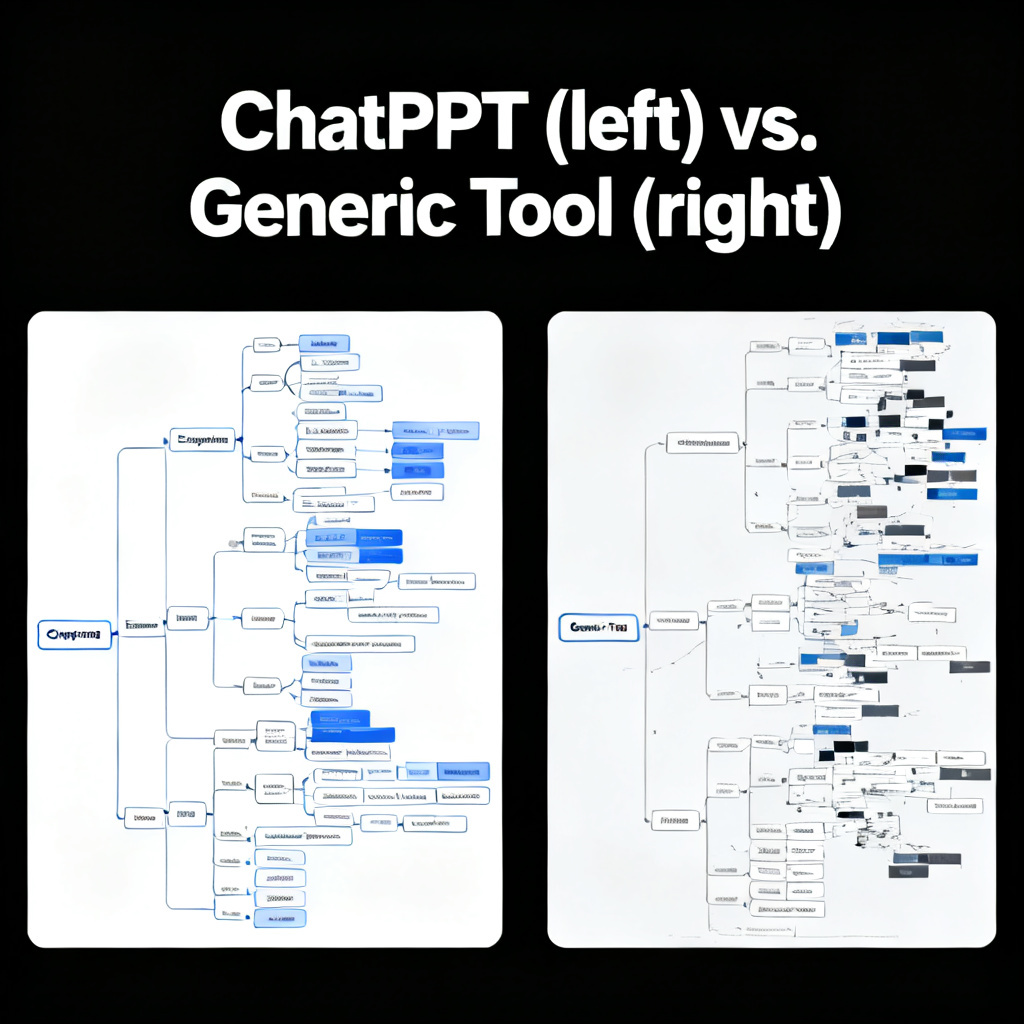 A comparison of two slides: one from ChatPPT showing a complex experimental flowchart with clear labels and proper formatting, and another from a generic tool showing a messy, misaligned chart. Text overlay: 'ChatPPT (left) vs. Generic Tool (right)'.