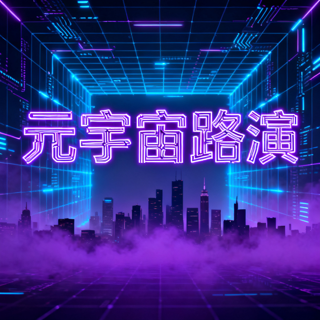 赛博朋克风格的元宇宙路演PPT封面，霓虹灯光与数字网格交织，城市天际线在紫色雾气中若隐若现，字体带有电路板纹理
