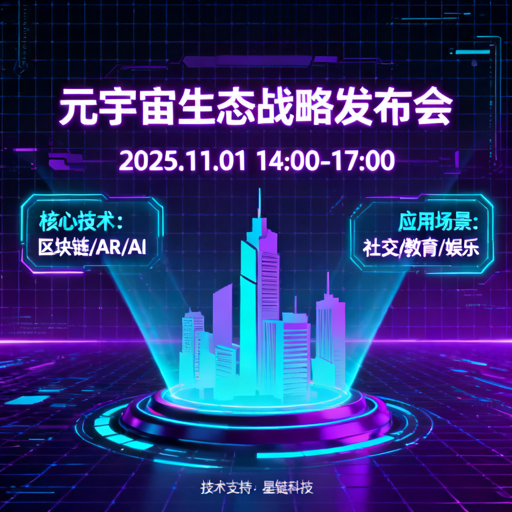 赛博朋克风格元宇宙路演PPT,霓虹紫与青蓝主色调,数字网格背景,全息投影元素,3D建筑剪影,无衬线字体排版