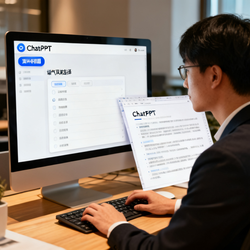 一个职场人在电脑前使用ChatPPT生成演讲稿,界面显示“演讲者视图”和“语气风格选择”菜单,旁边有一份打开的PPT预览