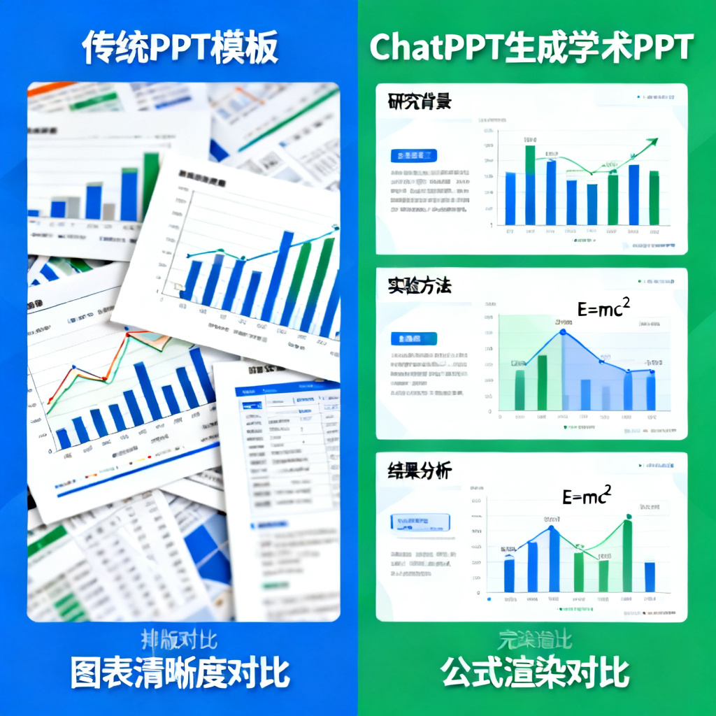 一张对比图，左侧是传统PPT模板，排版混乱、图表模糊；右侧是ChatPPT生成的学术PPT，结构清晰、图表高清、公式完美渲染。