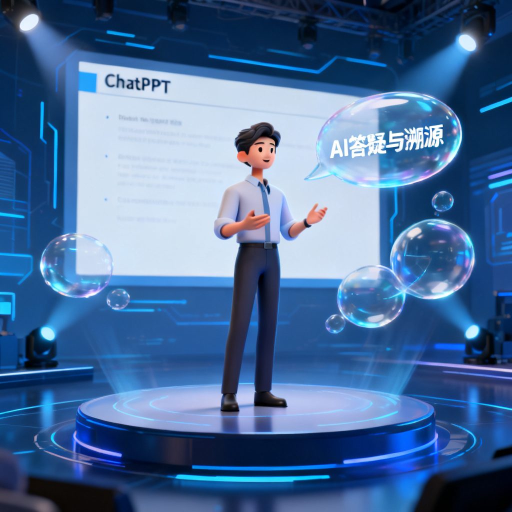 一个数字人分身站在虚拟舞台上，背后是ChatPPT的幻灯片，数字人正在流畅演讲，旁边有气泡显示AI答疑与溯源的交互过程。