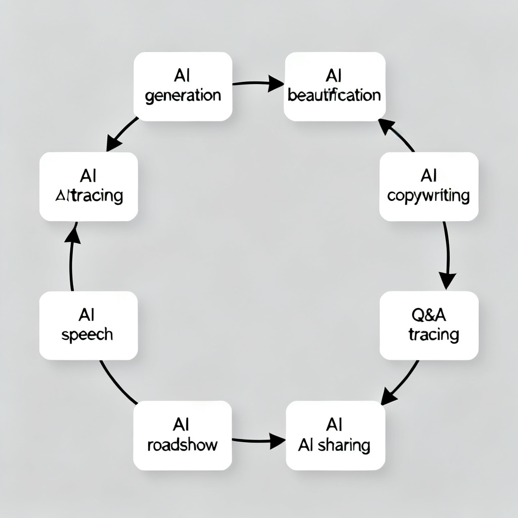 A circular diagram showing 8 modules: AI generation, AI beautification, AI copywriting, AI tracing, AI speech, AI roadshow, AI Q&A, AI sharing; connected with arrows, minimalist flat design