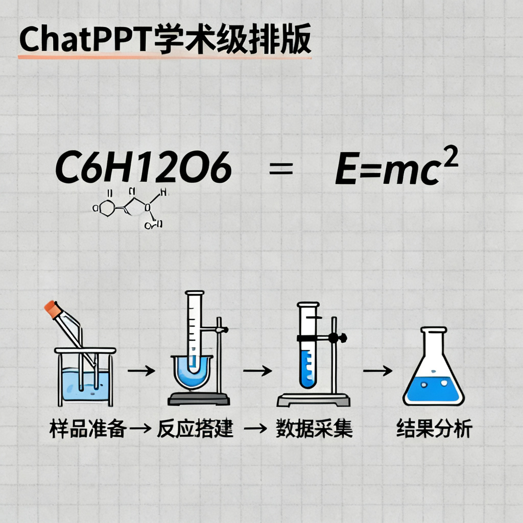 学术模板示例：包含化学分子式、数学公式和实验流程图，页面顶部标注“ChatPPT学术级排版”，背景为浅灰色网格
