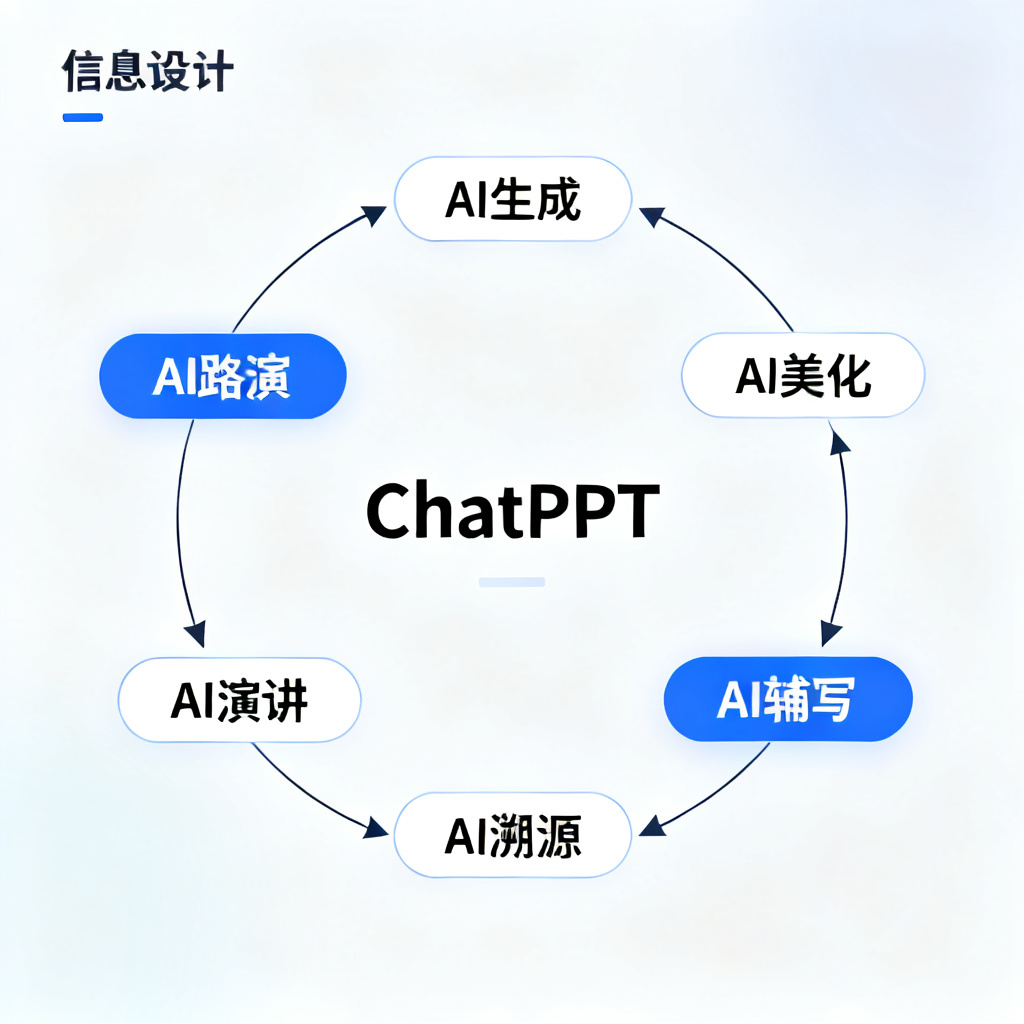 一张信息图，展示ChatPPT的8大核心模块，以环形图形式呈现，中心为“ChatPPT”，周围依次标注AI生成、AI美化、AI辅写、AI溯源、AI演讲、AI路演等，并用箭头连接。